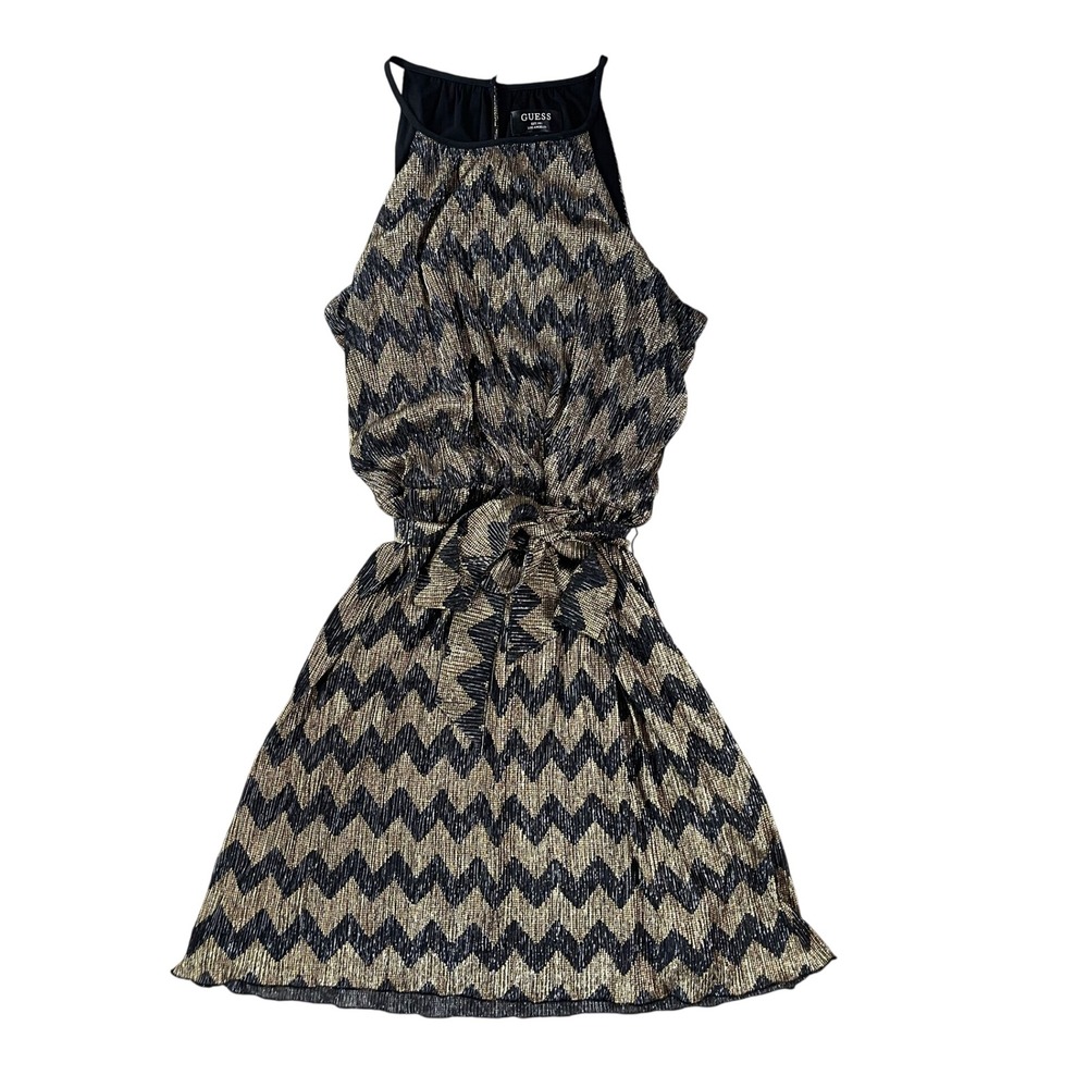 Guess Gold Black Chevron Metallic Halter Mini Dress Size 12 GDGMP986